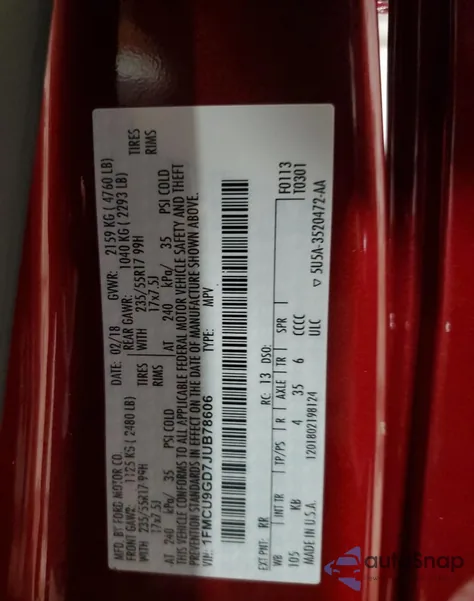 2018 Ford Escape Se from USA, damaged, VIN 1FMCU9GD7JUB78606